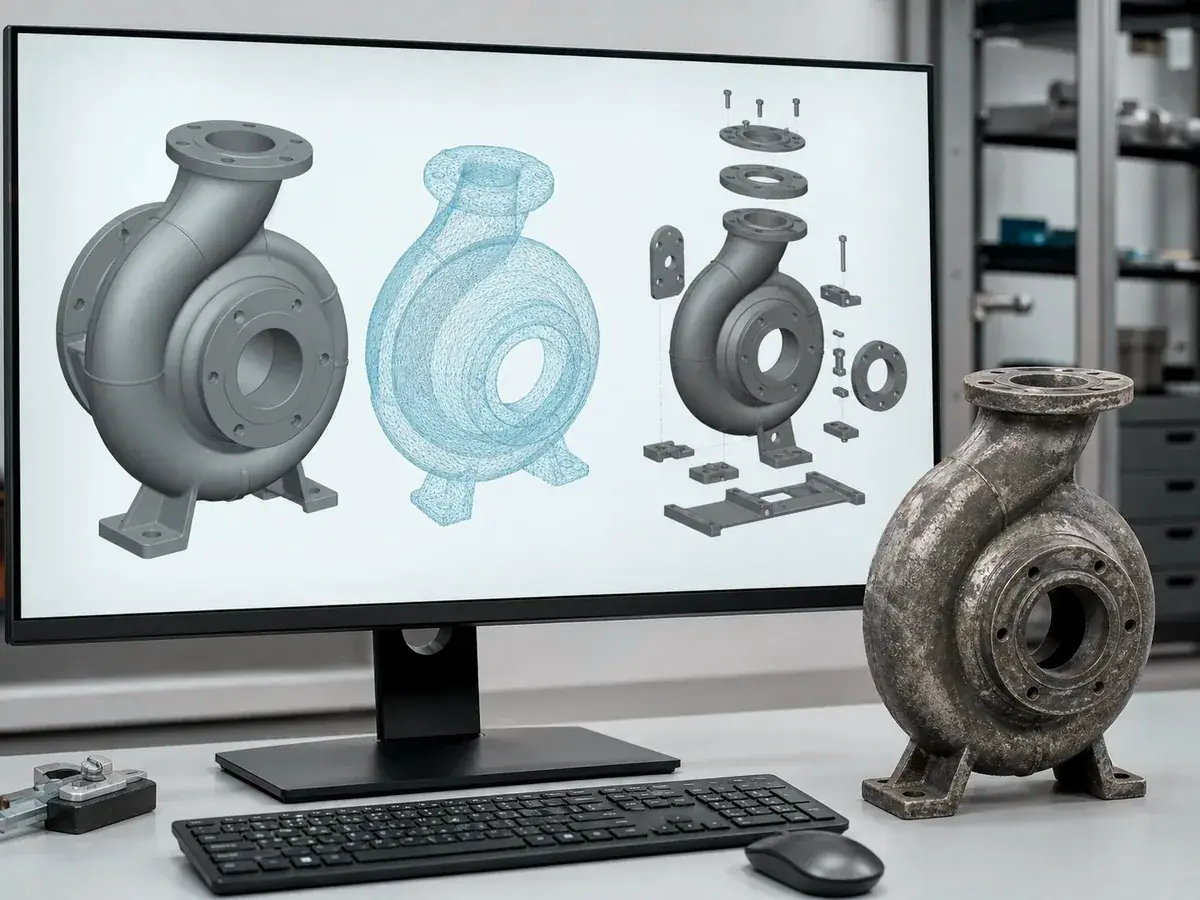 Корпус насоса: CAD-модель на экране рядом с деталью — иллюстрация
